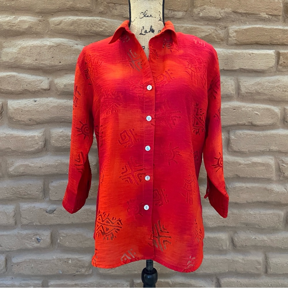Chico’s Design Aztec Symbols Burnout 3/4 Length Sleeve Button Down Shirt - Sz 1